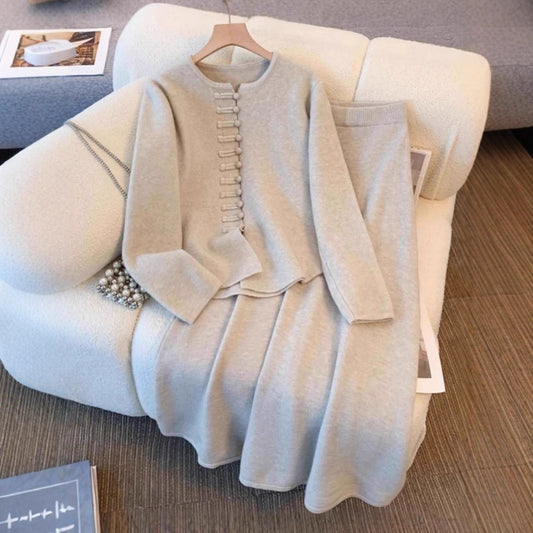 Ensemble Maille Cardigan Boutonné et Jupe Fluide