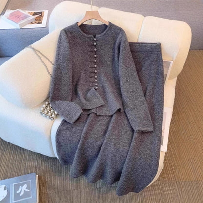 Ensemble Maille Cardigan Boutonné et Jupe Fluide