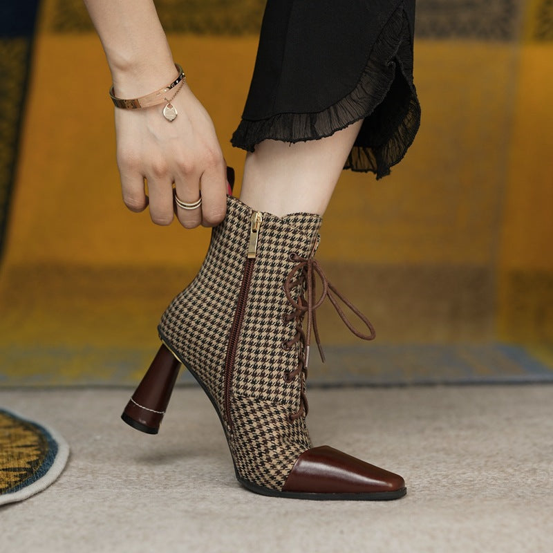 Bottines Retro à lacets motif pied-de-poule