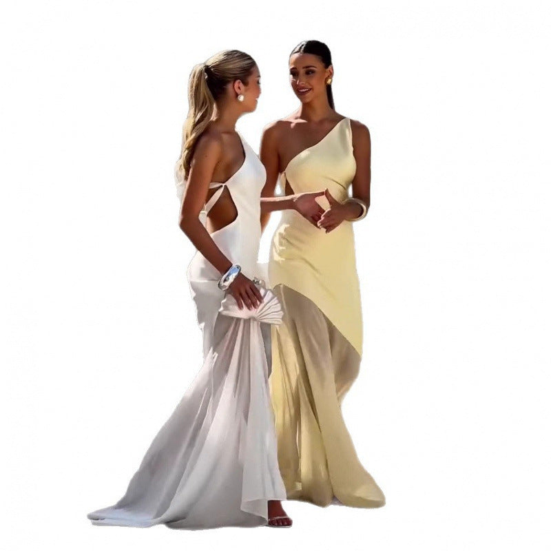 Belle - Robe longue à épaulettes col diagonal