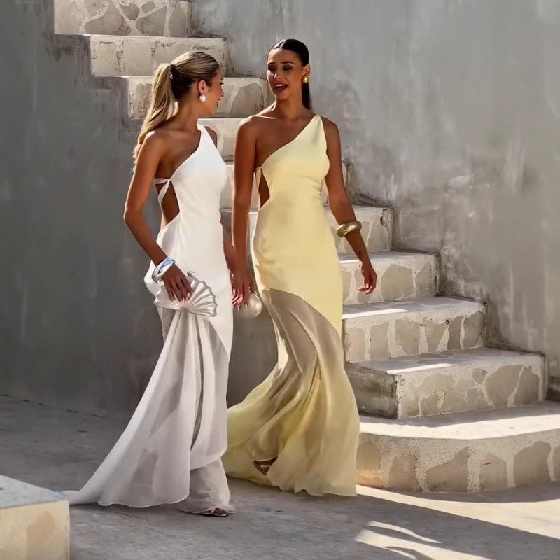 Belle - Robe longue à épaulettes col diagonal