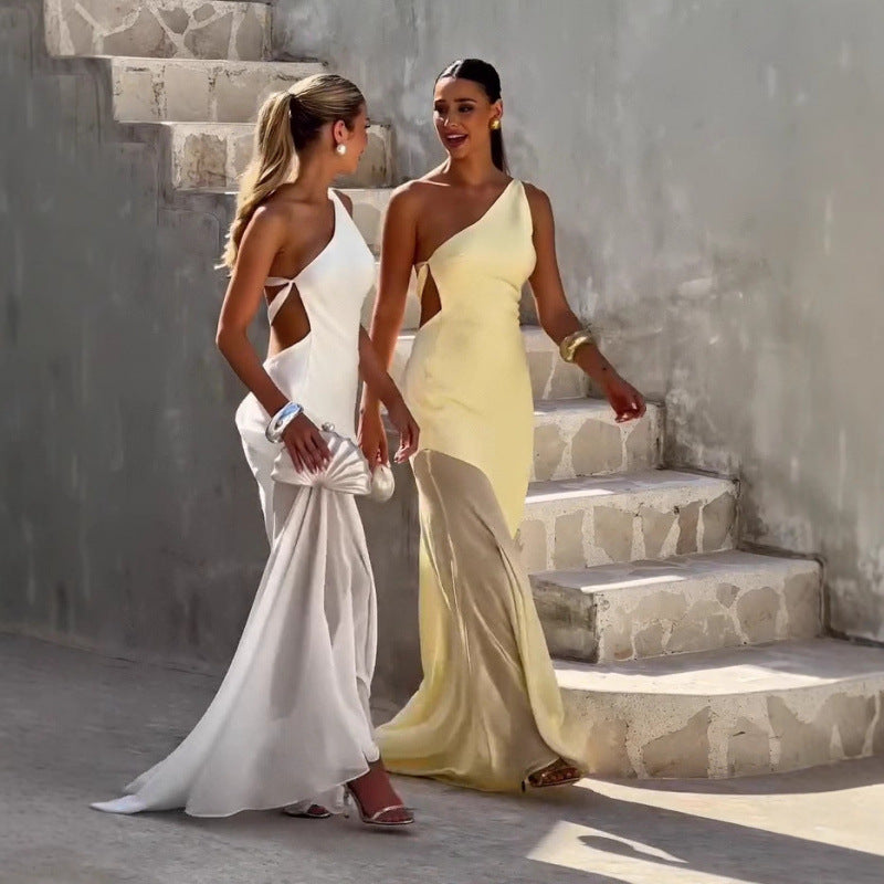 Belle - Robe longue à épaulettes col diagonal